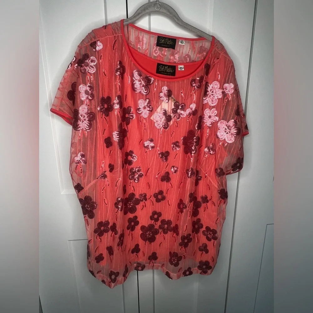 Bob Mackie NWT 2 Piece Tank + Mesh Floral Poncho Women's Plus Size 2X - Picture 1 of 7